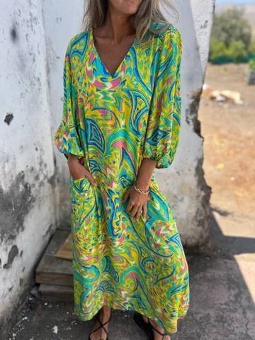 Printed V-neck Pullover Long-sleeved Loose Dress