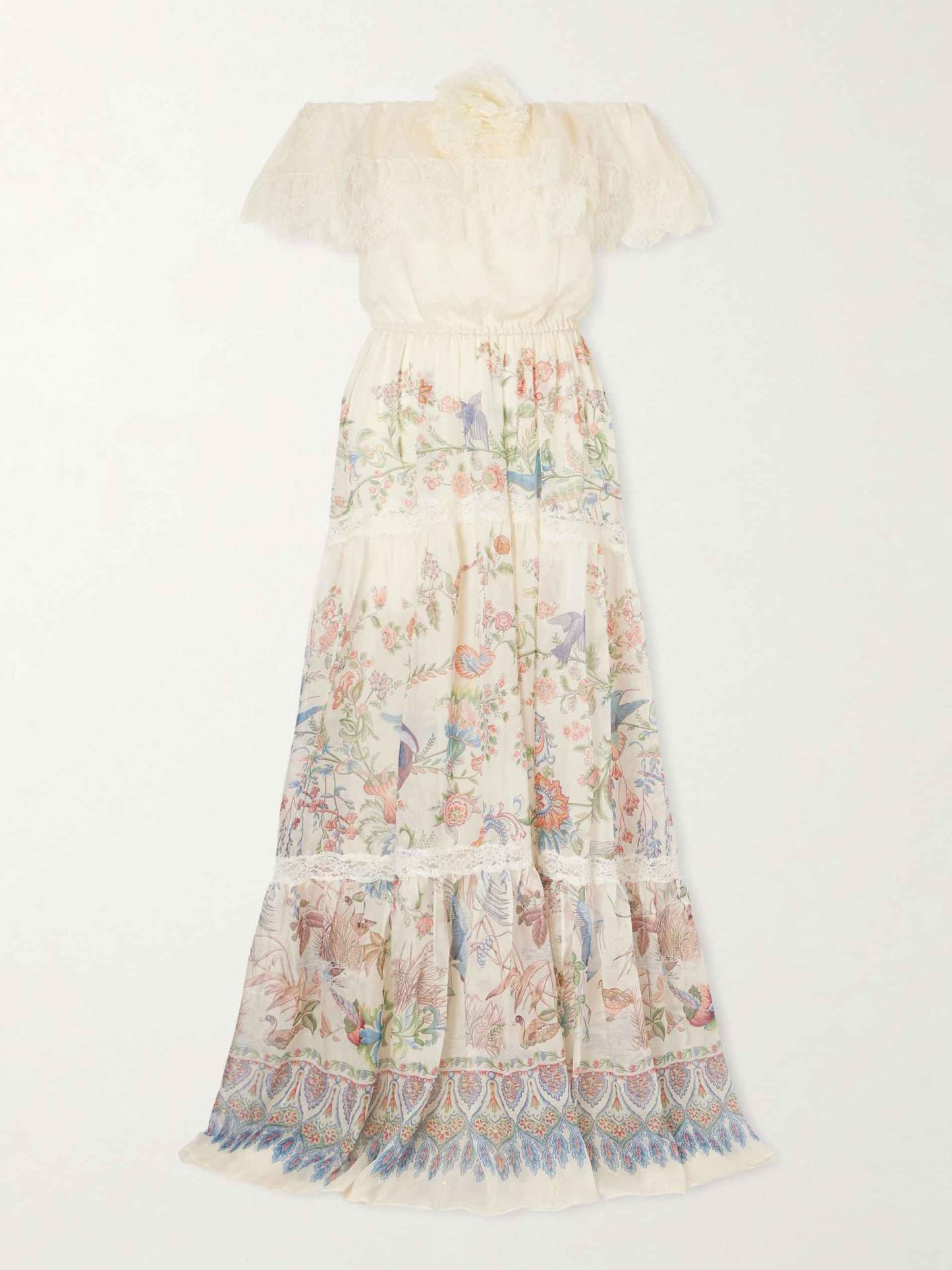 Bohemian Floral Bird Print Off-Shoulder Tiered Maxi Dress