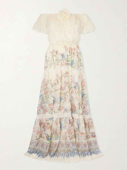 Bohemian Floral Bird Print Off-Shoulder Tiered Maxi Dress