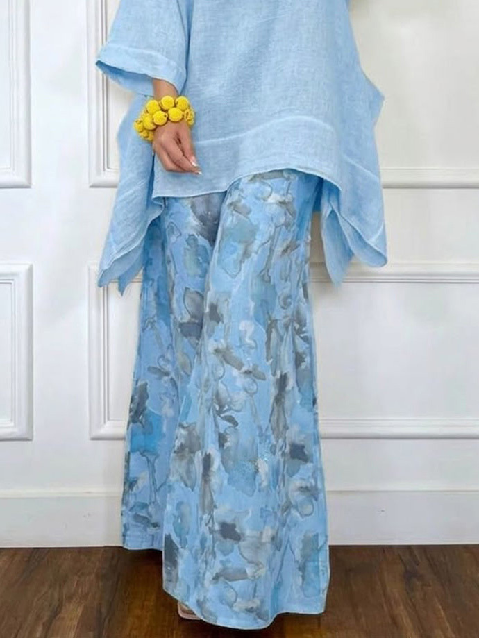 Casual Asymmetrical Top & Printed Wide Leg Pants Set