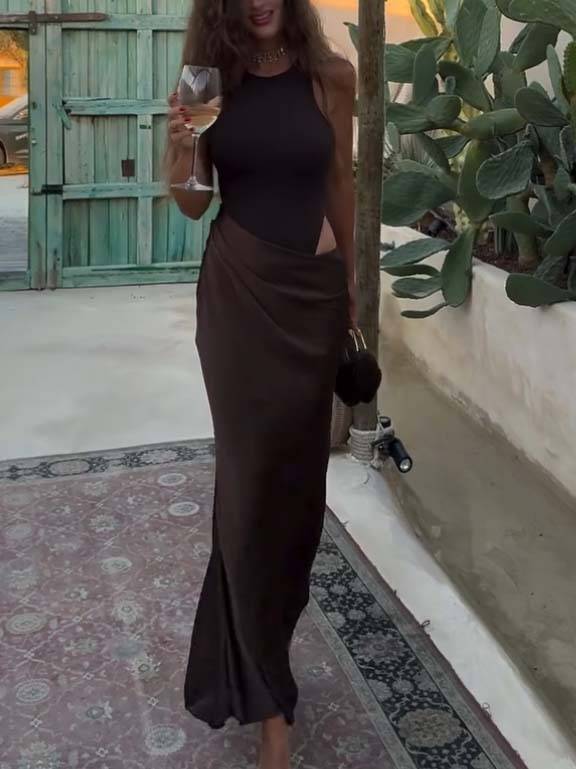 Elegant Waist Pleated Hollow design Maxi Dress