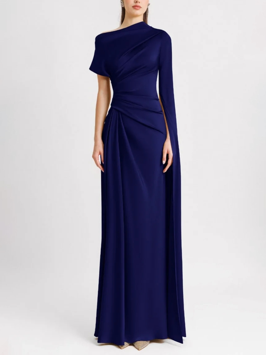 Elegant Irregular-sleeve Pleated Satin Maxi Dress