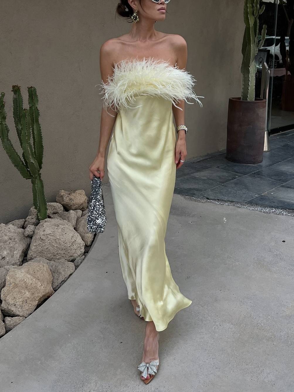 Light Luxury Feather Tube Top Maxi Dress
