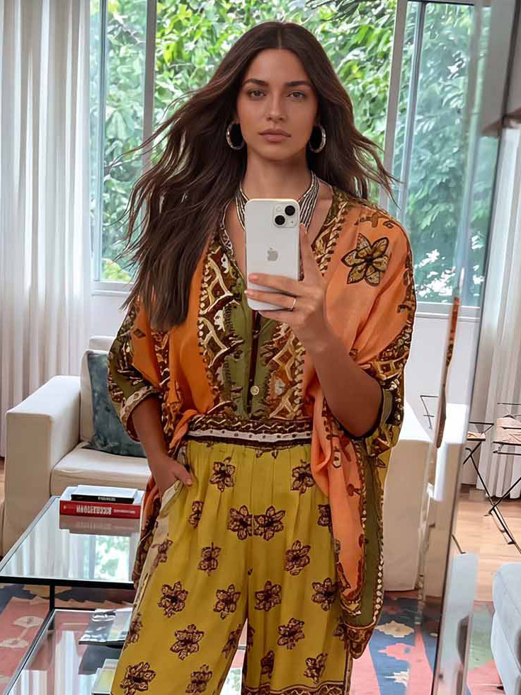 Unique Satin Paisley Print Batwing Sleeve Shirt & Trousers Two-piece Set
