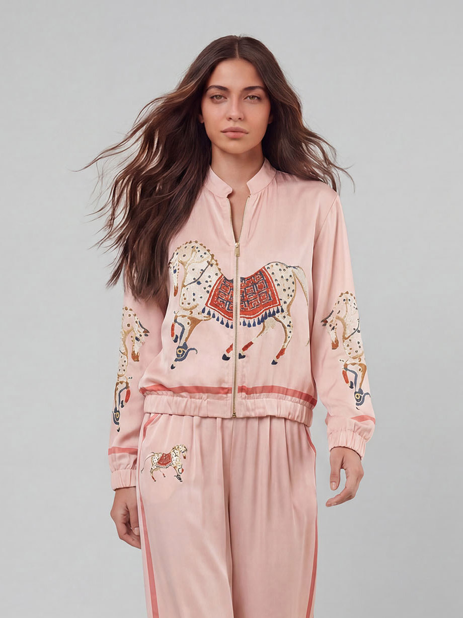 Exquisite Satin Horse Print Zip-Up Shirt
