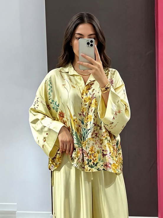 Elegant Floral Print Satin Wide Leg Pants
