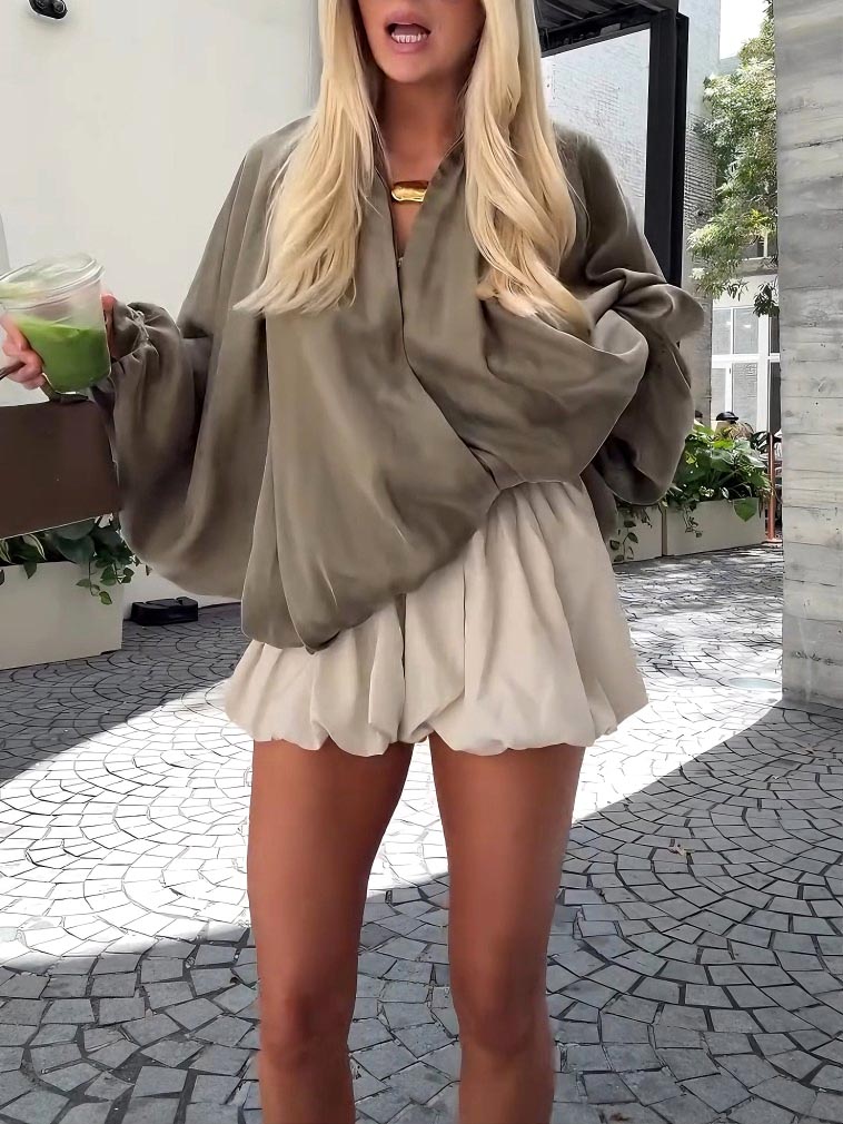 Elegant High-waisted Cream Pleated Bloomer Shorts