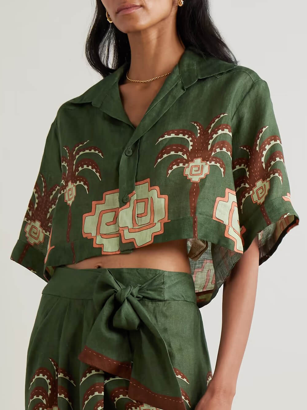 Retro Palm Tree Print Linen Wrap Midi Skirt