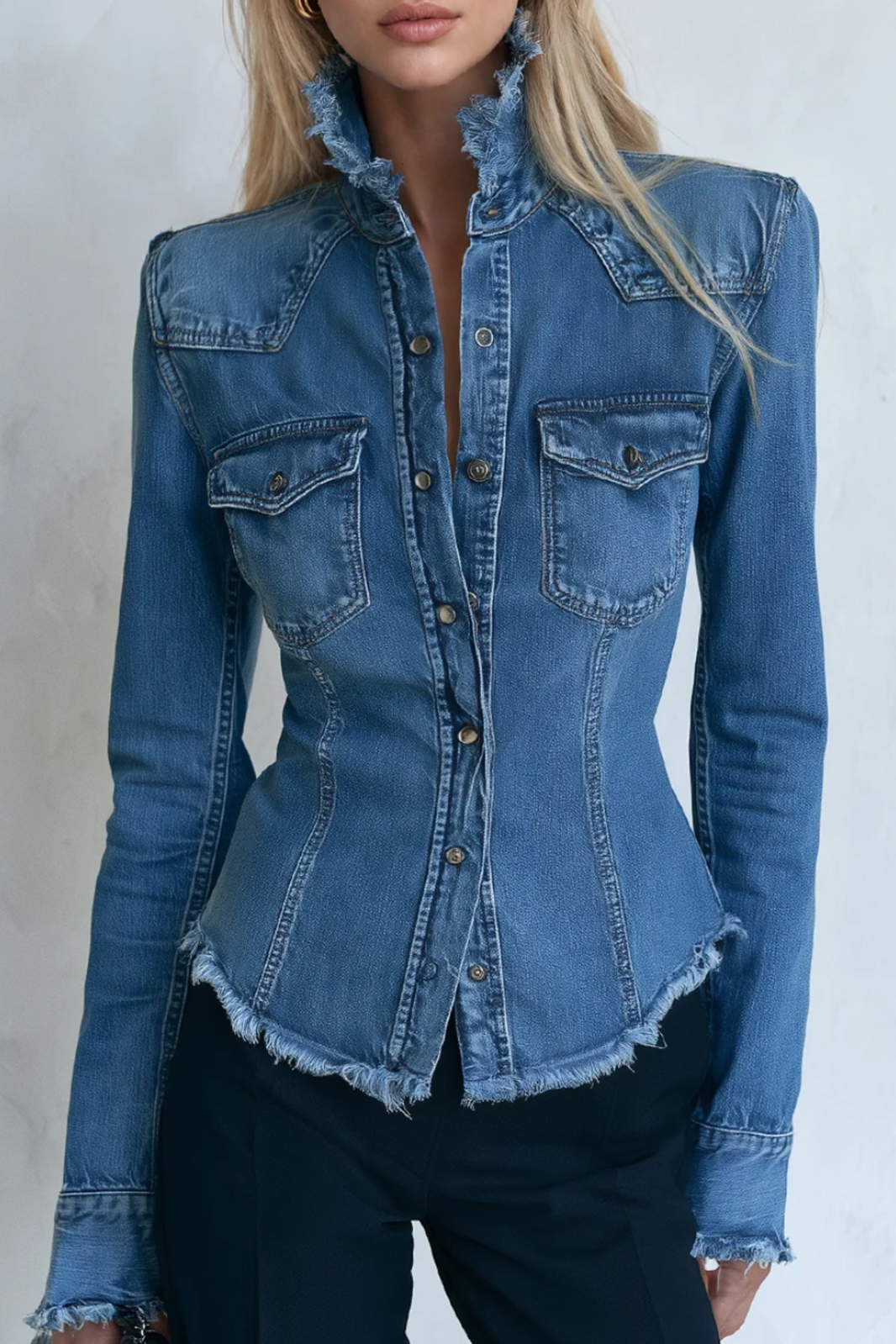 Denim Jacket Frayed Stand Collar Button Pocket Slim Coat