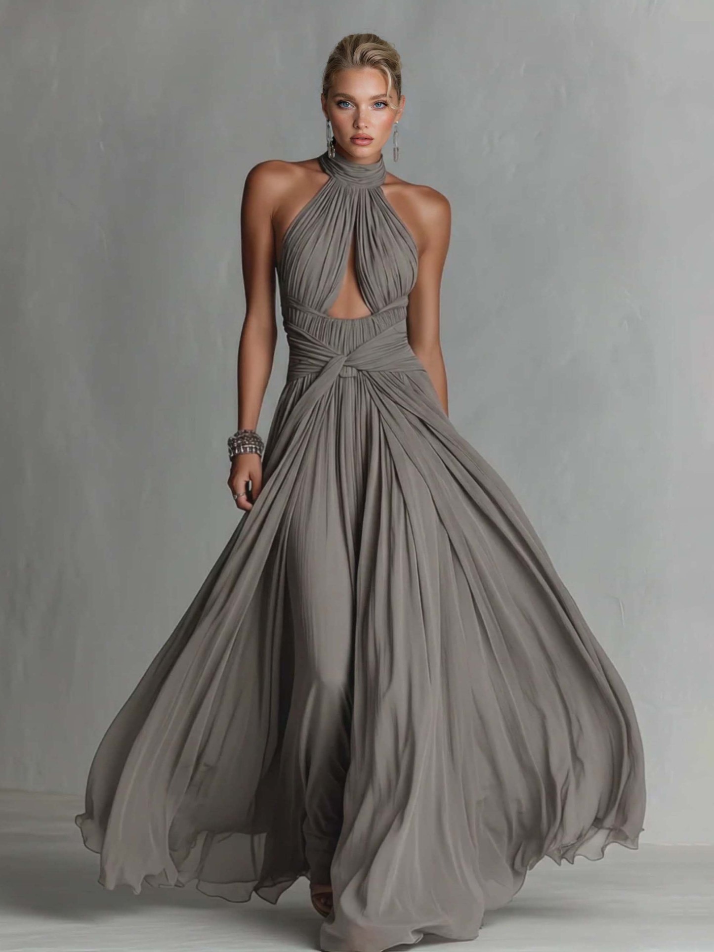 Elegant High-Neck Ruched Cut-Out Flowing Maxi Dress