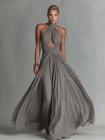 Elegant High-Neck Ruched Cut-Out Flowing Maxi Dress