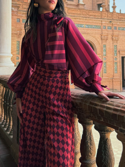 Elegant Striped High-Neck Lantern Sleeve Blouse