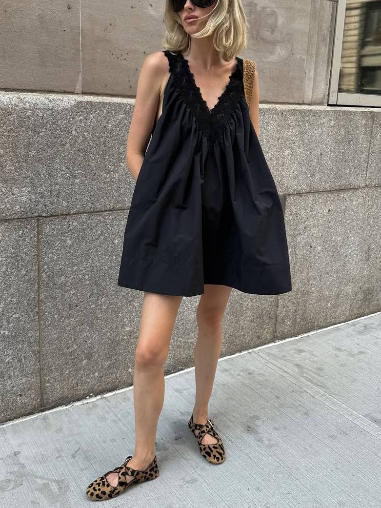 Vacation Style V-Neck Lace Splicing Mini Dress