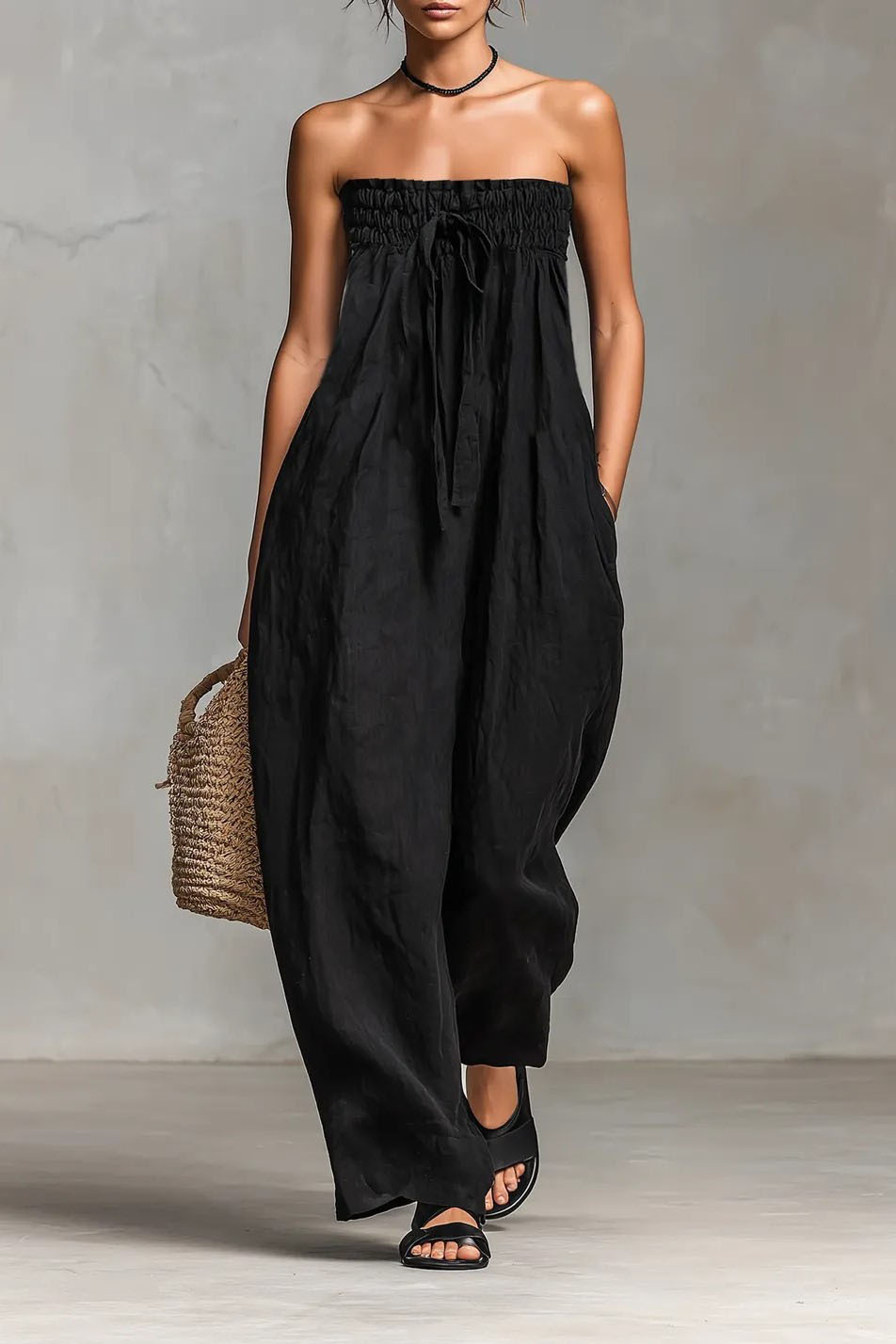 Pleated Design Strapless Jumpsuit