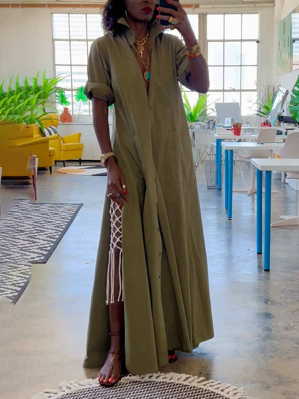 Casual V-Neck Buttoned Slit Loose Maxi Cardigan Dress
