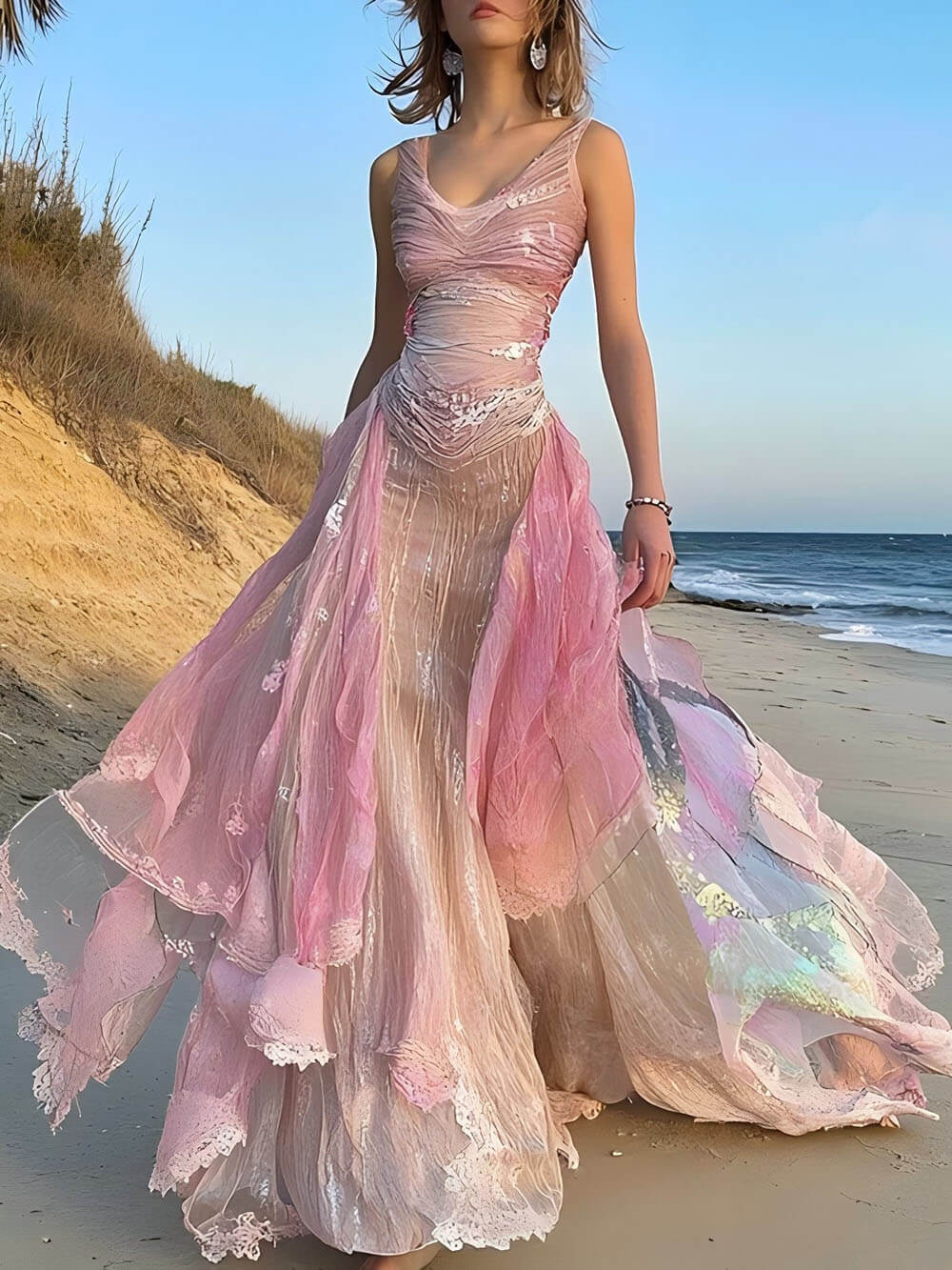 Vacation Seaside Ruffle Lace Patchwork Maxi Dress