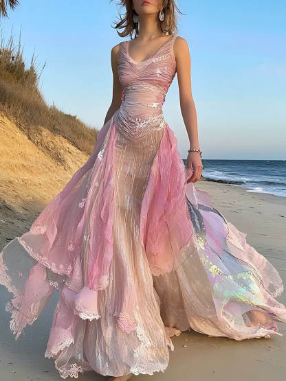 Vacation Seaside Ruffle Lace Patchwork Maxi Dress