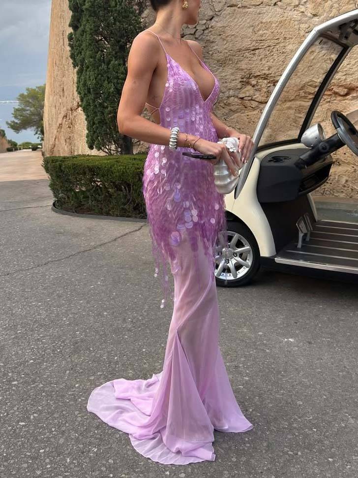 V-neck Backless Sequined Fishtail Maxi Dress