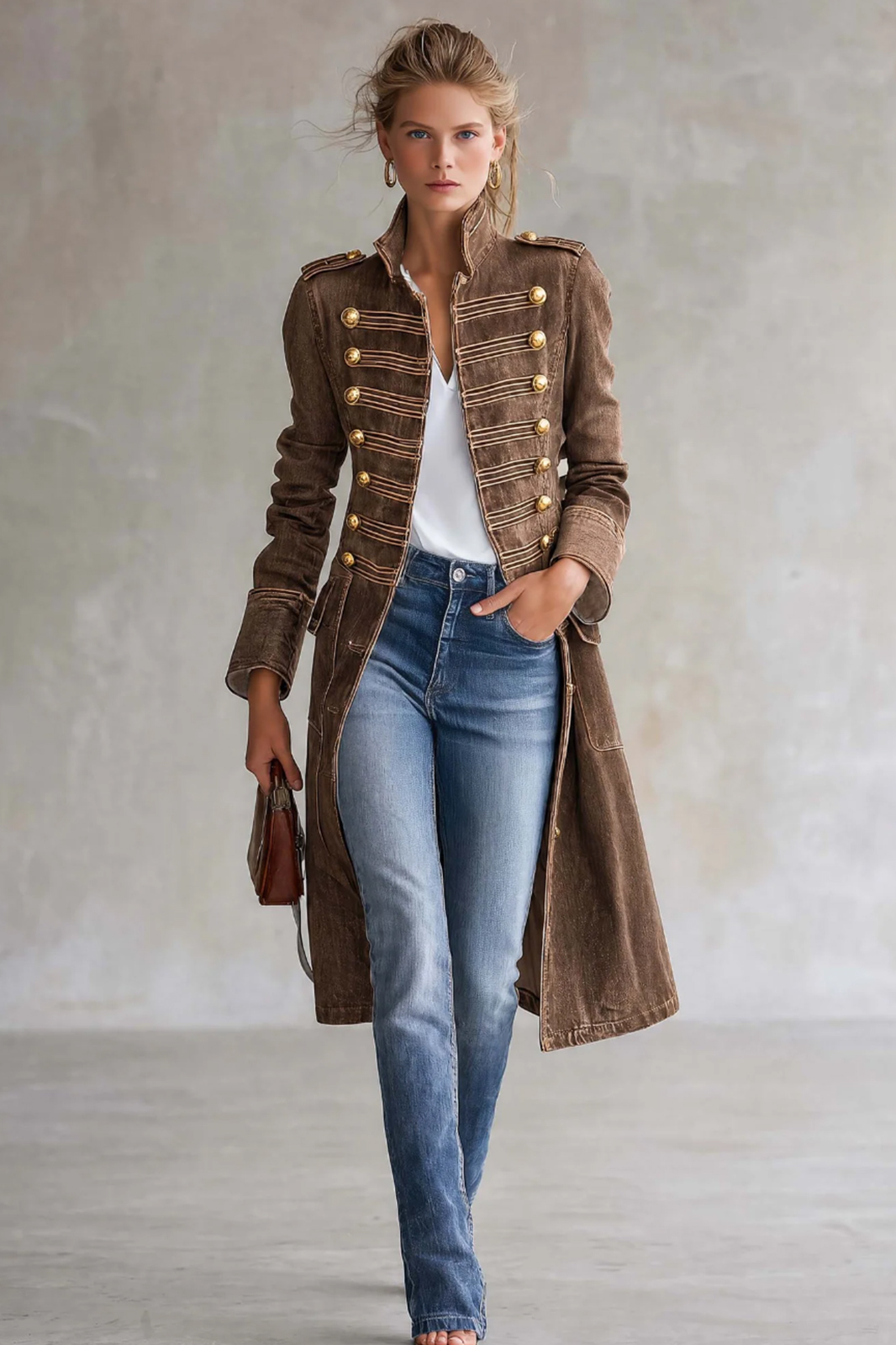Vintage Washed Denim Military Officer Longline Gold Button Fitted Statement Coat Women