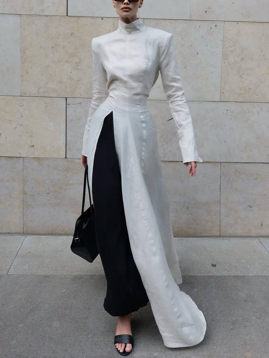 Long Sleeve Slit Shirt Dress And Wide Leg Pants Suit