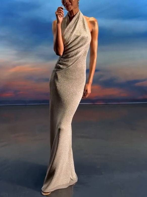 Shiny Halter Backless Maxi Dress