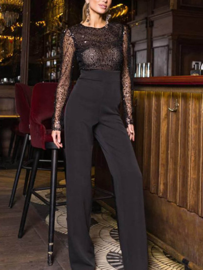Elegant Sequined Long-sleeved Jumpsuit