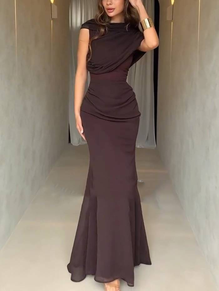 Pleated Slim-Fit Fishtail Maxi Dress