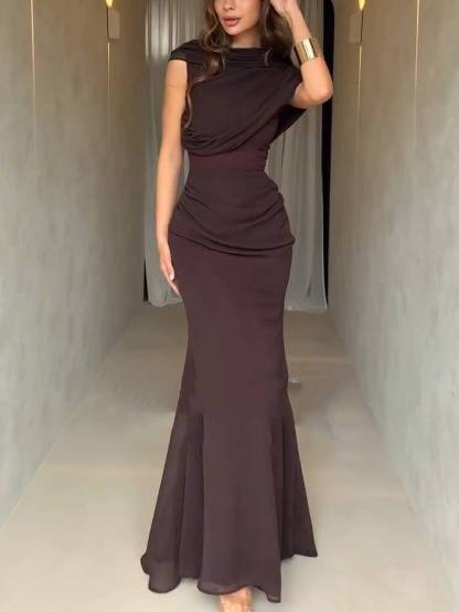 Pleated Slim-Fit Fishtail Maxi Dress