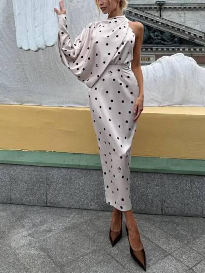 One-sleeve Asymmetrical Design Polka Dot Maxi Dress