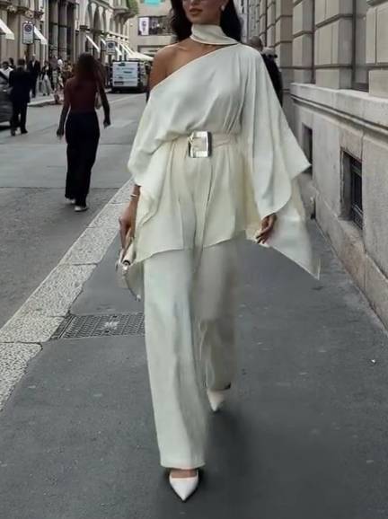 Off-shoulder Belt Shirt And Wide Leg Pants Set