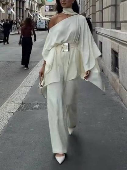 Off-shoulder Belt Shirt And Wide Leg Pants Set