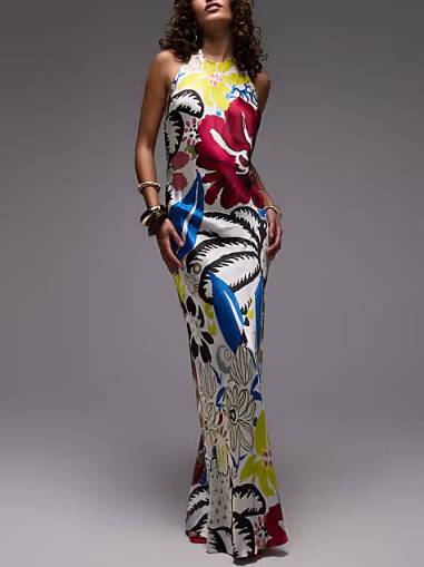 Halter Neck Backless Printed Maxi Dress