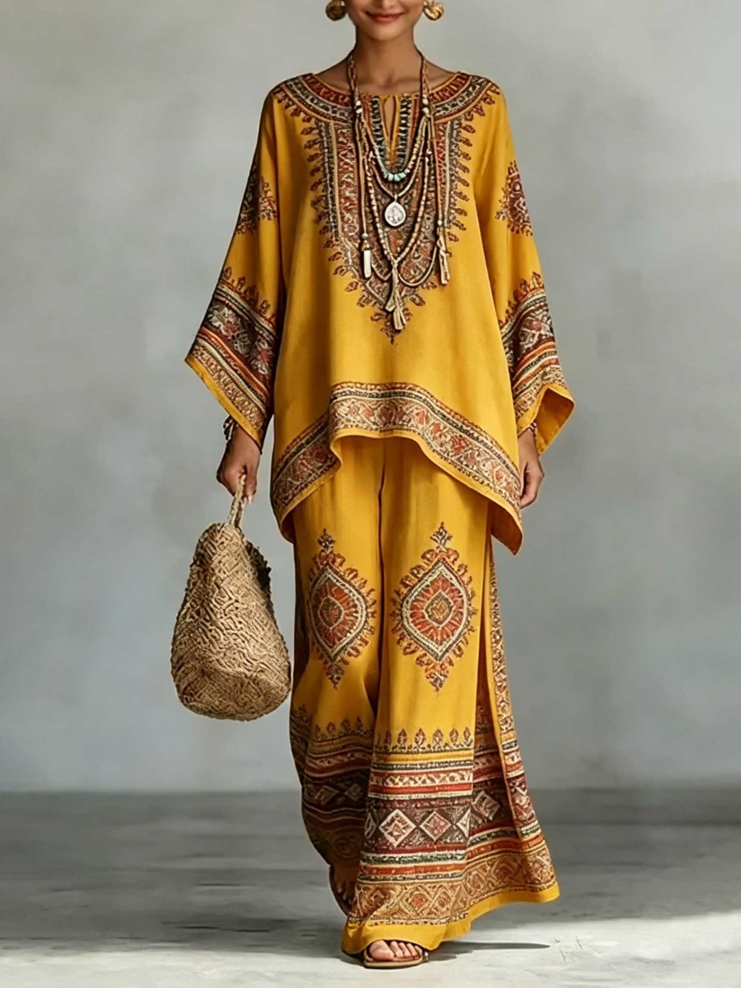Exquisite Ethnic Print Batwing Sleeve Loose Two-Piece Set