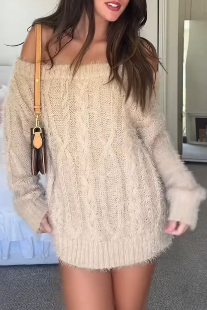 Off Shoulder Fuzzy Cable Knit Oversized Sweater