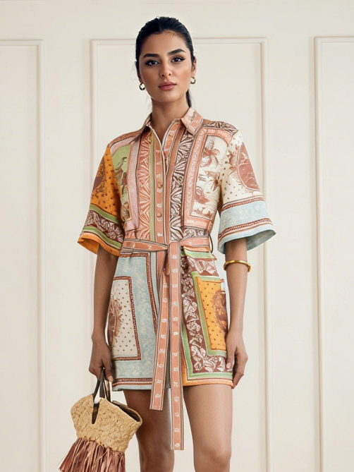 Retro Scarf Print Short-sleeved Tie-front Shirt Dress