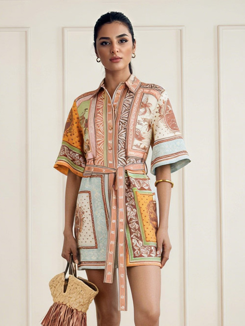 Retro Scarf Print Short-sleeved Tie-front Shirt Dress