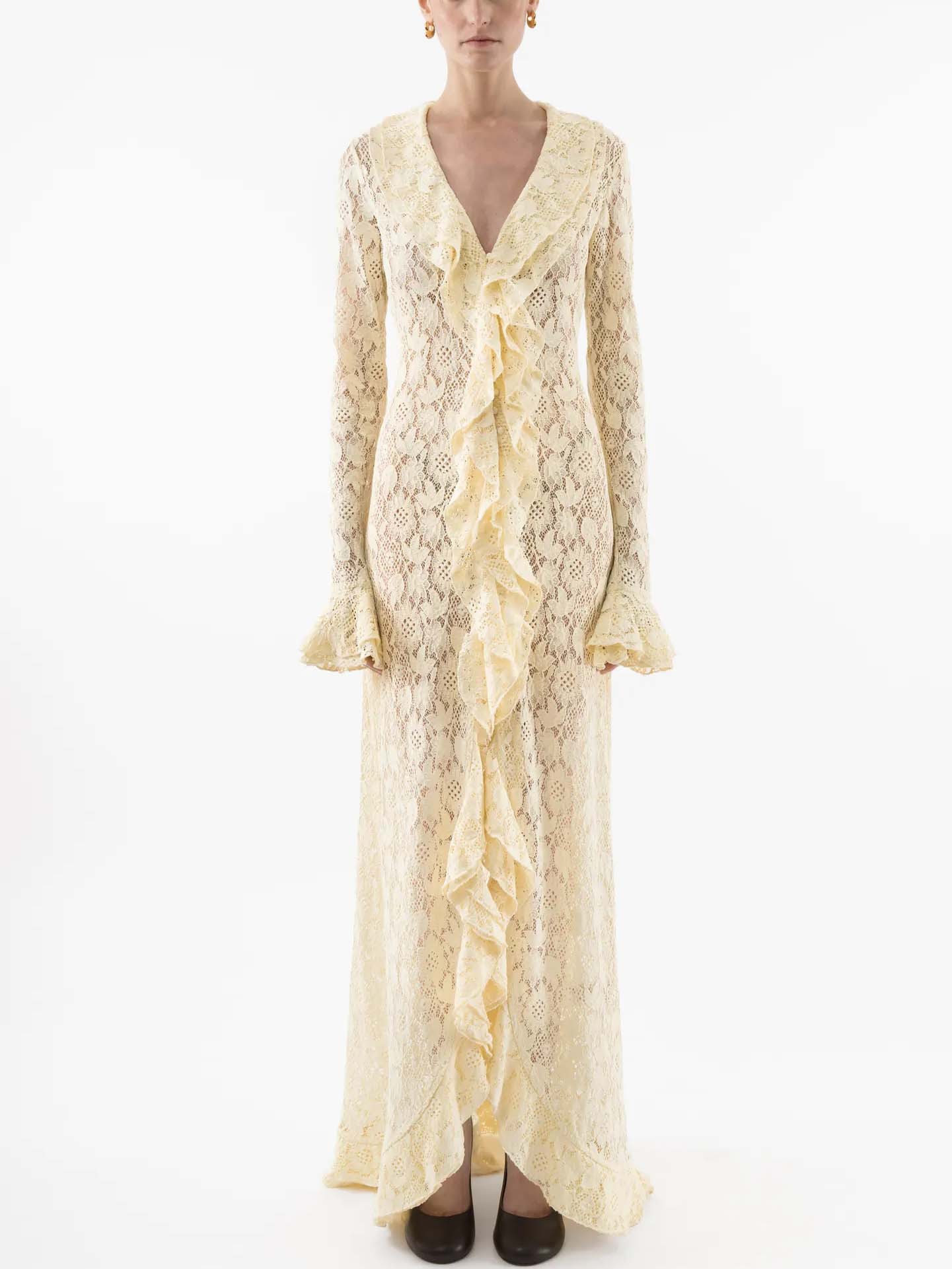 Ruffled Lace Front Slit Maxi Dress