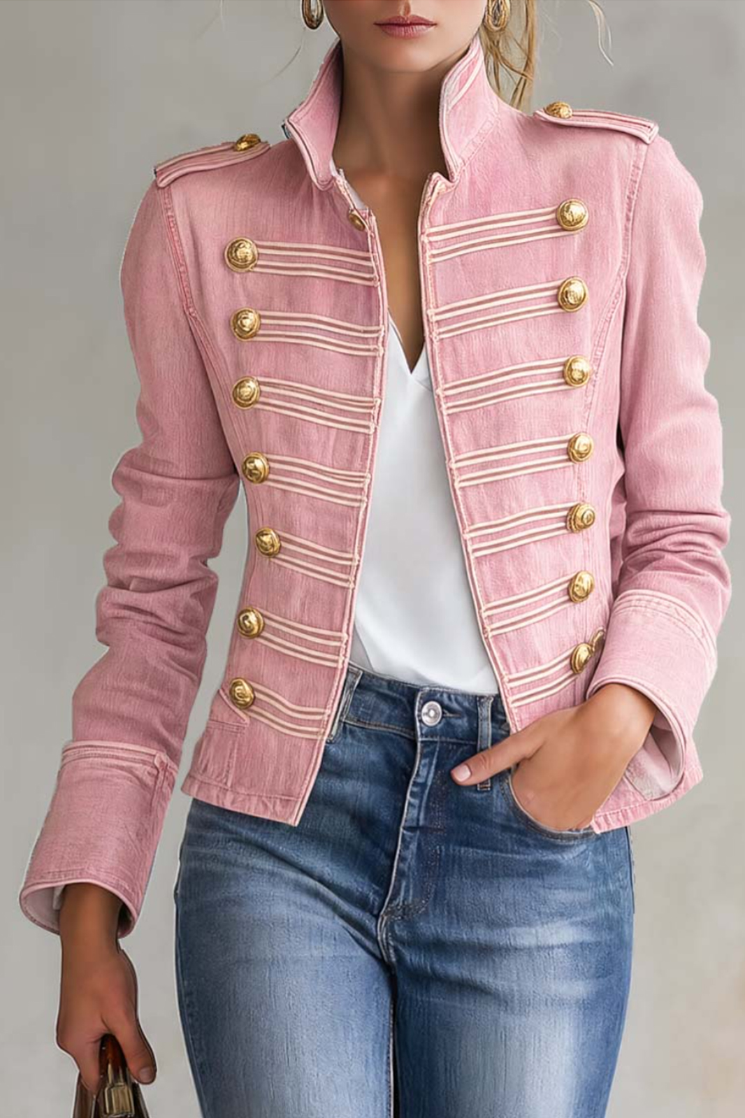 Vintage MilitaryDenim Band Jacket Women Gold Button Cropped Fall Coat