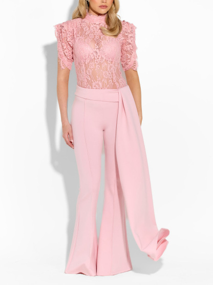 Elegant Lace High-Neck Top & Wide-Leg Pants Two-Piece Set