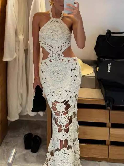 Halter Neck Backless Crochet Maxi Dress