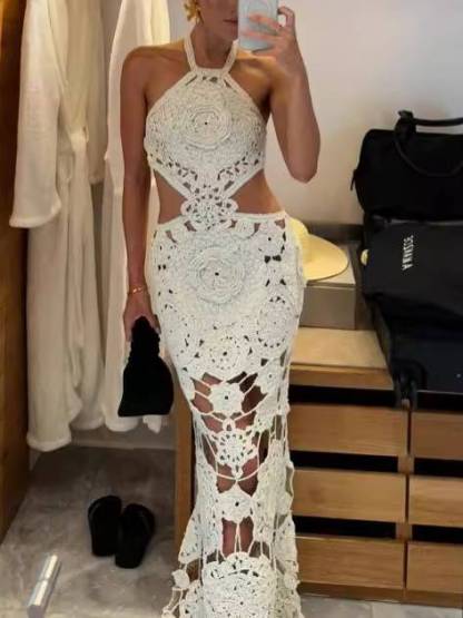Halter Neck Backless Crochet Maxi Dress