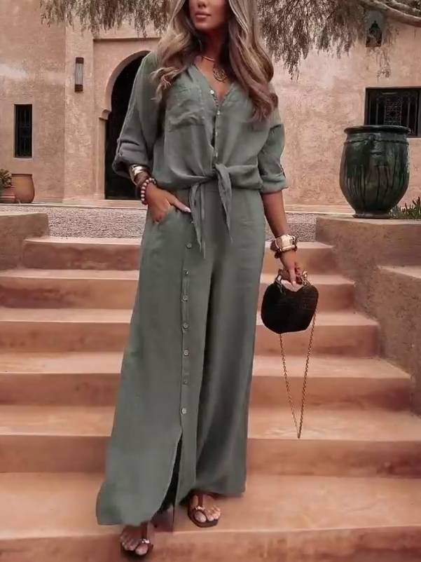 Holiday Style Shirt And Slit Wide Leg Pants Suit-Pants
