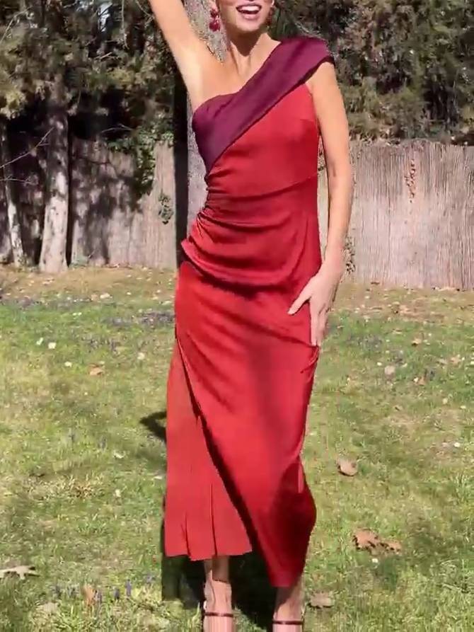 Contrast Color Off-shoulder Satin Dress