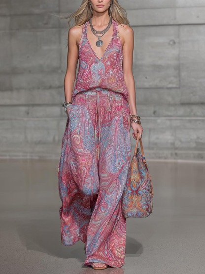 Bohemian Paisley Print Halter Top & Wide-Leg Pants Two-Piece Set