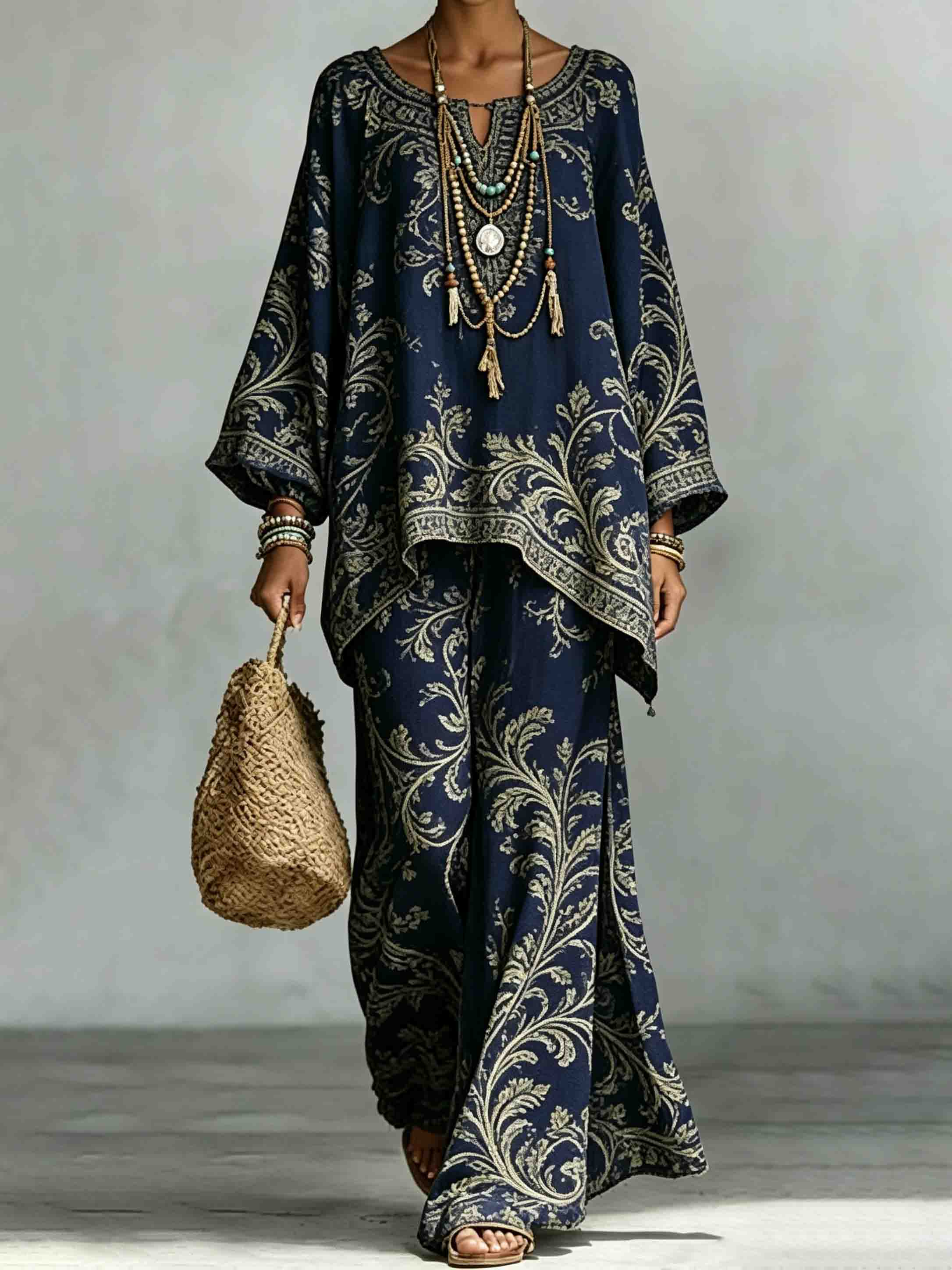 Casual Bohemian Leaf Print Batwing Sleeve Shirt Two-Piece Set