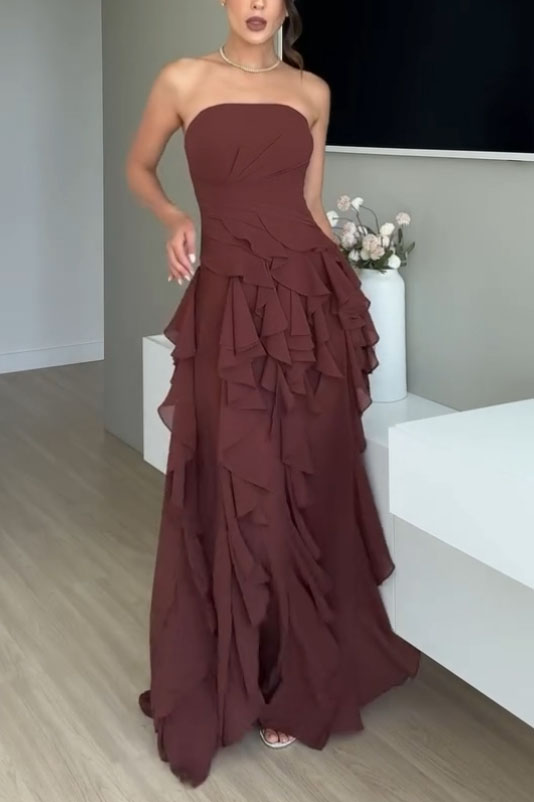 Pleated Strapless Ruffle Slit Dress