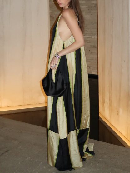 Elegant Asymmetrical Striped Print Satin Flowy Maxi Dress