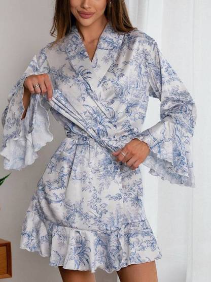 Printed Ruffled Long Sleeve Robe