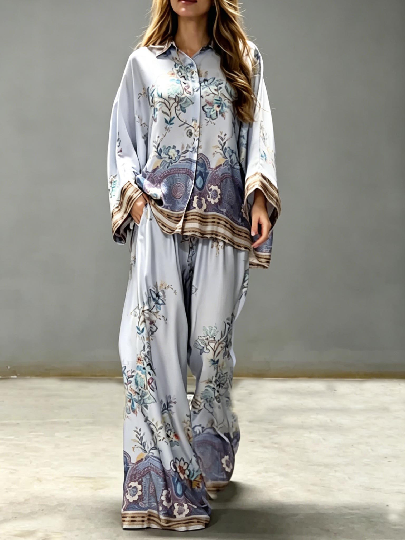 Exquisite Floral Paisley Print Satin Button Shirt & Wide Leg Pants Set