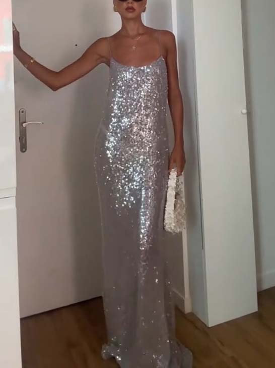 Light Luxury Shiny Sling Maxi Dress